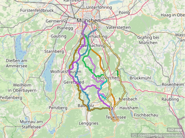 Karte mit Radrouten von München nach Tegernsee, Rottach-Egern und Gmund