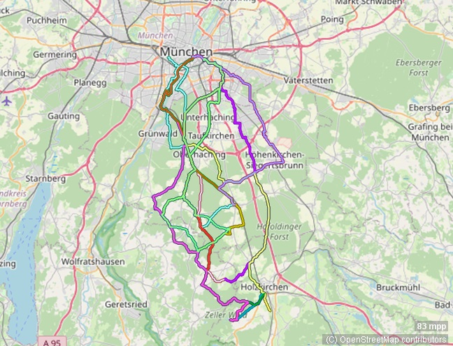 Karte mit Radrouten von München nach Holzkirchen, Sauerlach und Umgebung