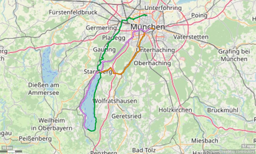 Karte mit Radrouten von München an den Starnberger See: nach Starnberg, Tutzing oder Seeshaupt