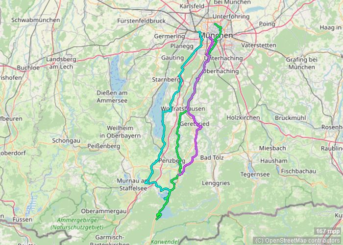 Karte mit Radrouten von München an den Kochelsee, den Walchensee und Benediktbeuern