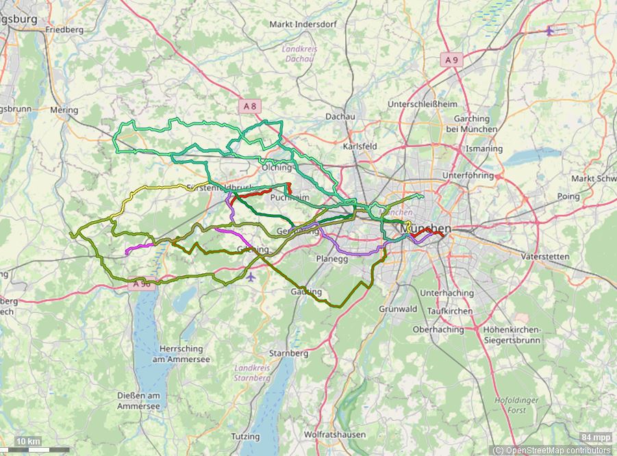 Karte mit Radrouten von München nach Fürstenfeldbruck und ins Fürstenfeldbrucker Land