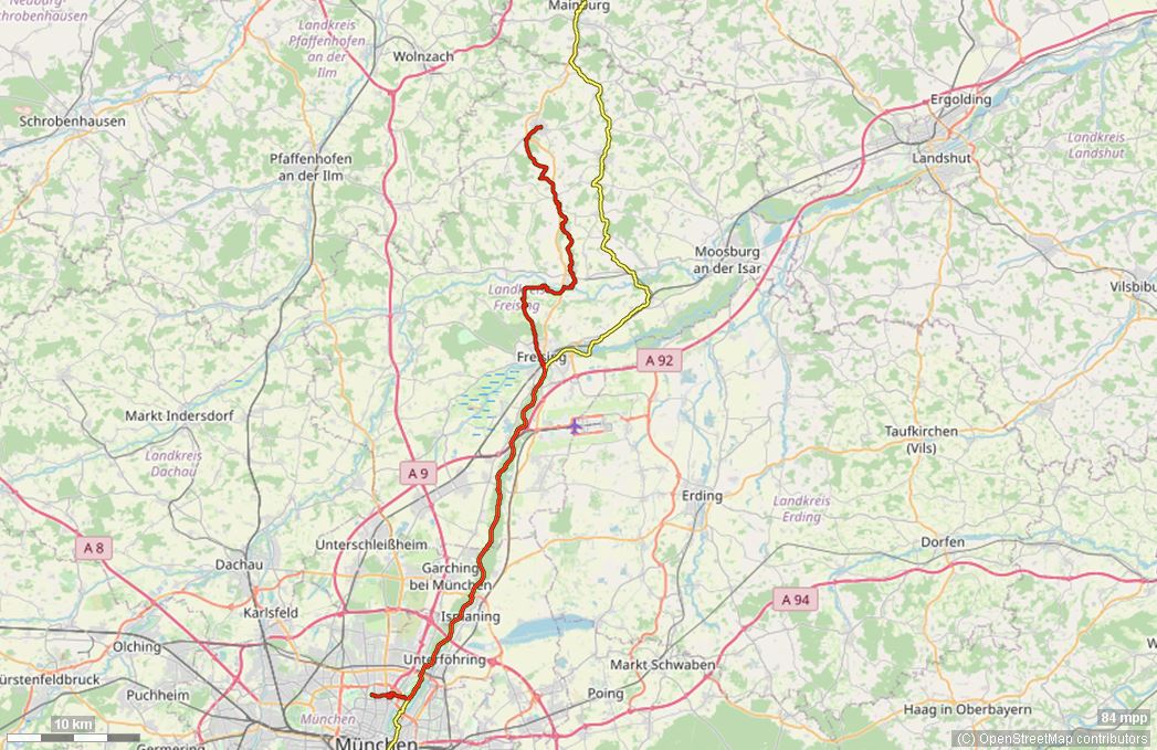 Karte mit Radrouten von München in die Hallertau: Abensberg, Mainburg und Au