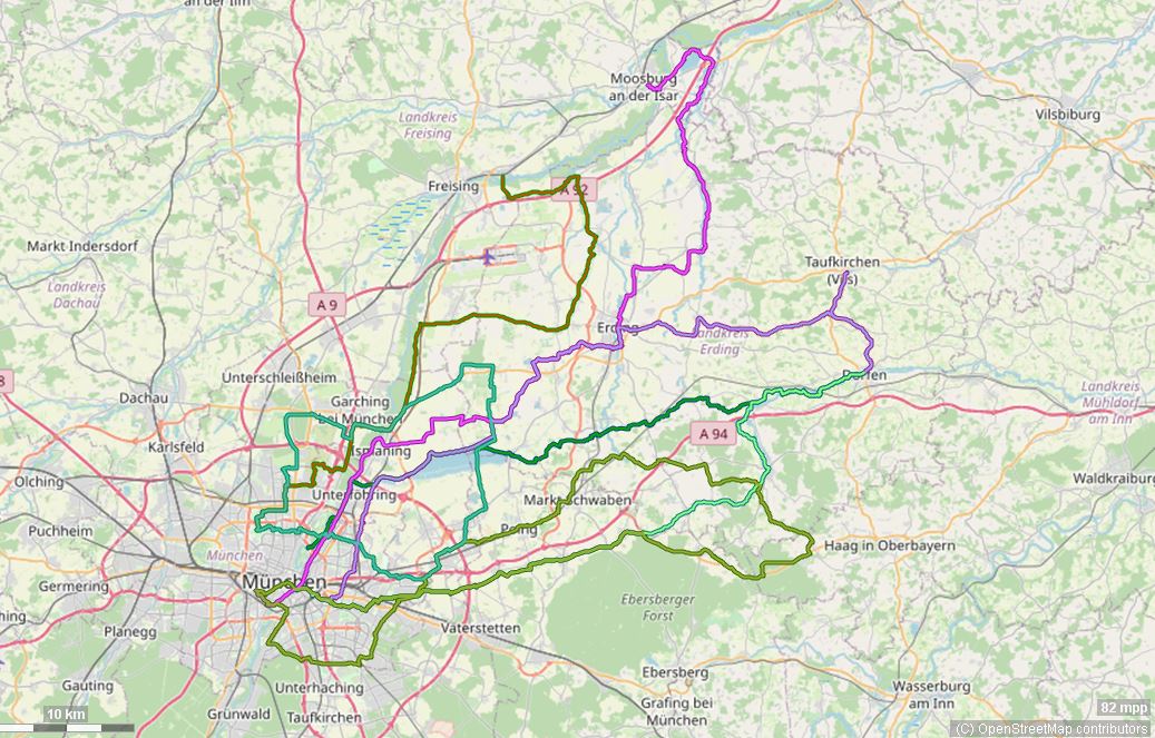 Karte mit Radrouten von München in das und durch das Erdinger Land, an Vils und Isen, Isar Speicherseen, Maitenbeth und Haag