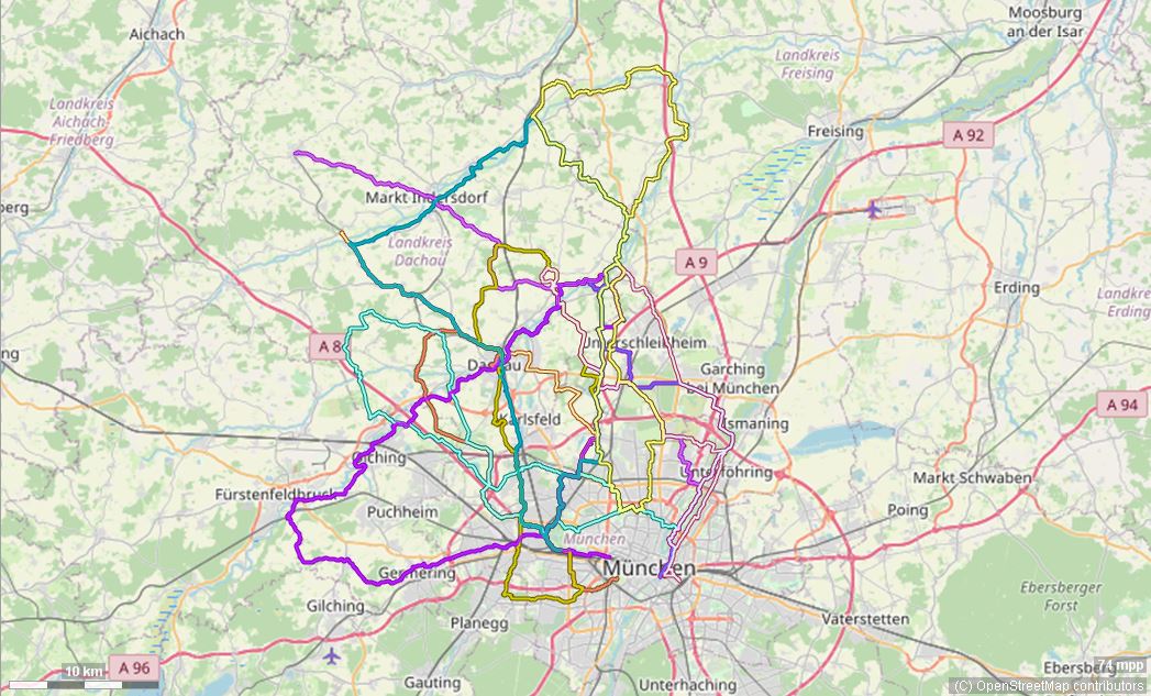 Karte mit Radrouten von München nach Dachau und ins Dachauer Land: Altomünster, Markt Indersdorf, Petershausen, Mariabrunn und viele mehr