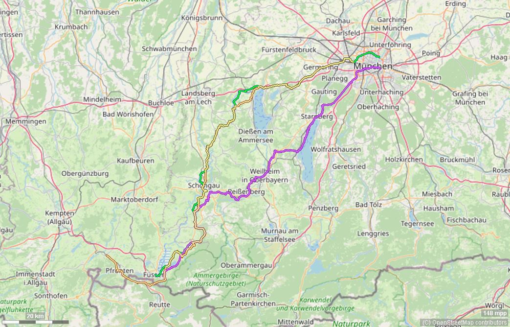 Karte mit Radrouten von München ins Allgäu