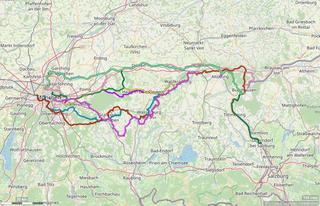 Karte mit Radrouten von München in die Inn-Salzach-Region