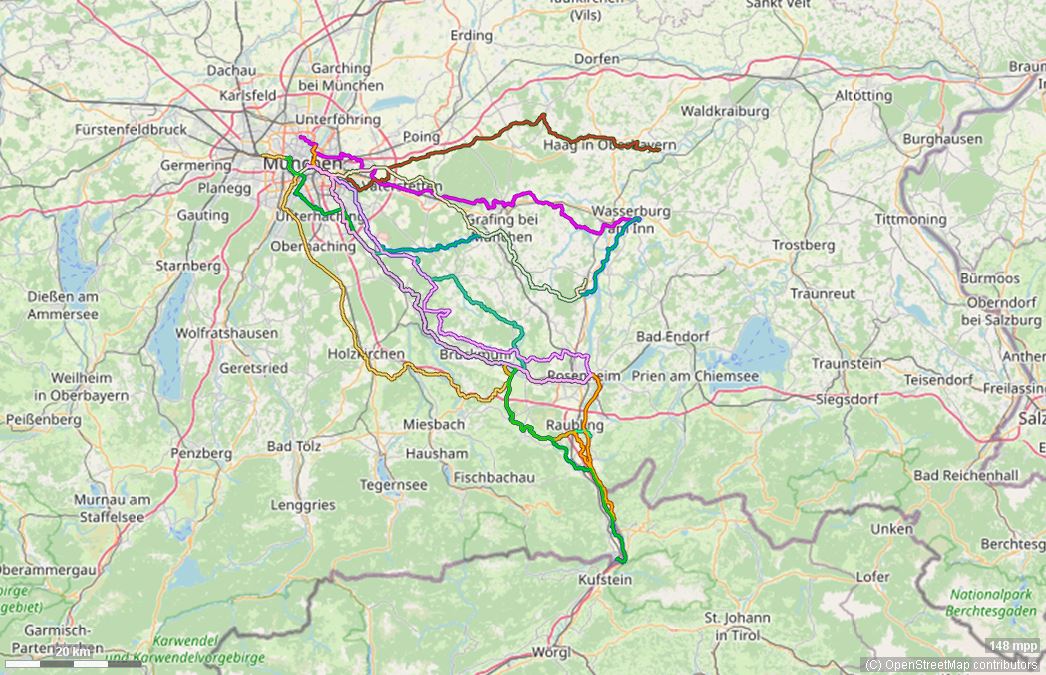 Karte mit Radrouten von München an den Inn: Wasserburg, Gars, Rosenheim, Neubeuern, Oberaudorf und Kiefersfelden
