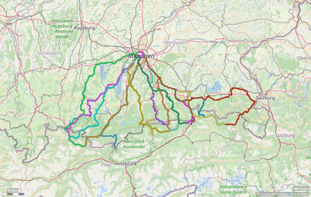 Karte mit Radrouten von München nach Kufstein, Waidring, Ehrwald und weiteren Zielen in Tirol