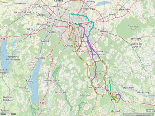 Karte mit Radrouten von München nach Weyarn, an den Seehamer See und zu Orten in der Nähe