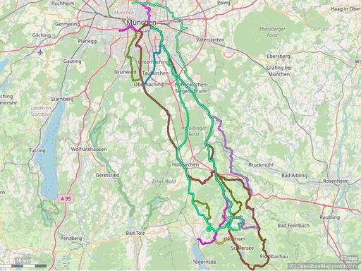 Karte mit Radrouten von München nach Miesbach, Schliersee und ins Miesbacher Oberland