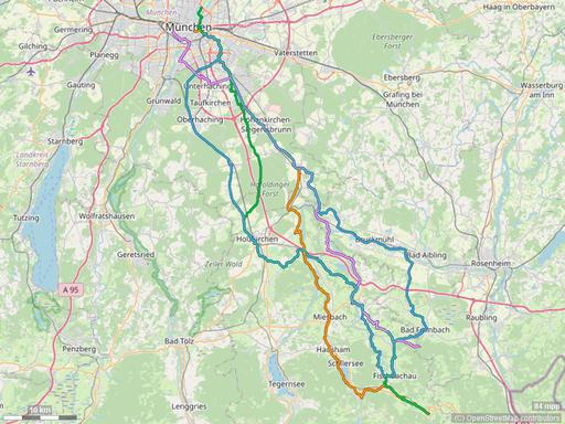 Karte mit Radrouten von München nach Bayrischzell und Fischbachau