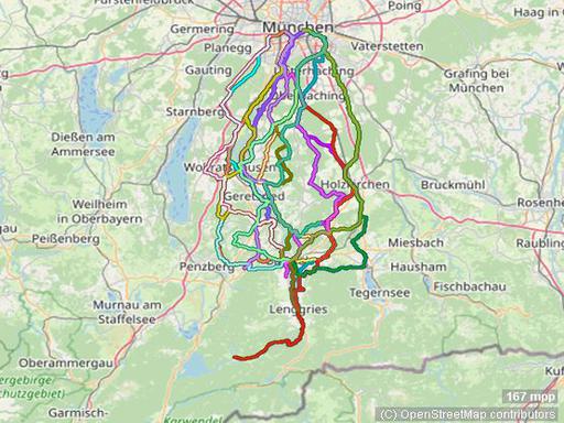 Karte mit Radrouten von München nach Bad Tölz, Lenggries und in den Isarwinkel