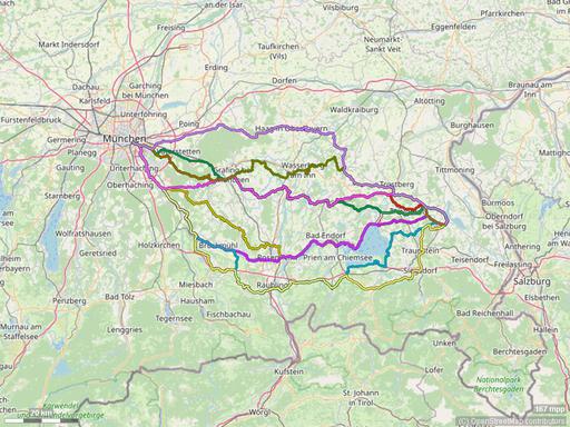 Karte mit Radrouten von München an den Waginger See