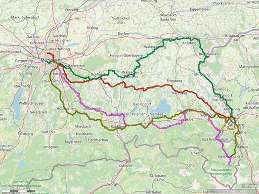 Karte mit Radrouten von München in das Berchtesgadener Land: Königssee, Berchtesgaden und Bad Reichenhall