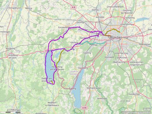 Karte mit Radrouten von München an den Ammersee: Eching, Herrsching, Dießen, Schondorf und Andechs