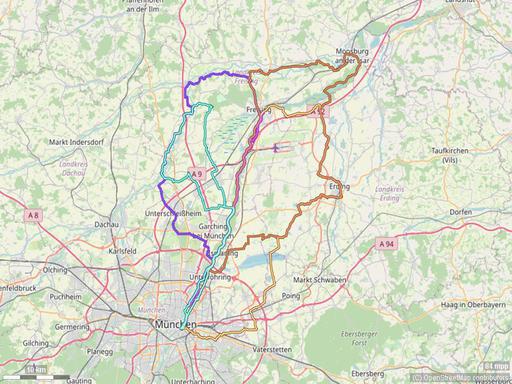 Karte mit Radrouten von München nach Freising, Moosburg, Kranzberg und ins Ampertal