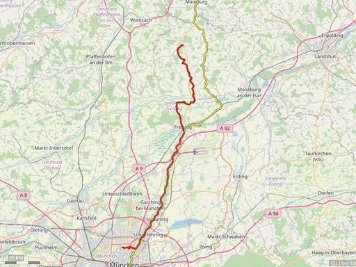 Karte mit Radrouten von München in die Hallertau: Abensberg, Mainburg und Au