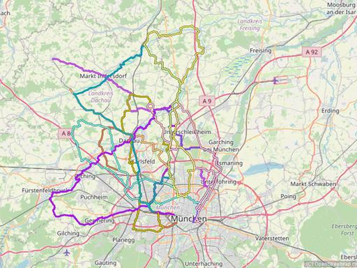 Karte mit Radrouten von München nach Dachau und ins Dachauer Land: Altomünster, Markt Indersdorf, Petershausen, Mariabrunn und viele mehr