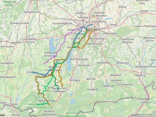 Karte mit Radrouten von München in den Pfaffenwinkel und den Ammergau: Schloss Linderhof, Ettal, Bad Kohlgrub, Staffelsee, Riegsee und Schongau