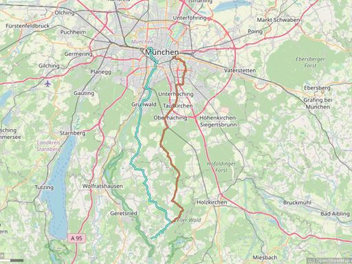 Karte mit Radrouten von München nach Dietramszell und Umgebung