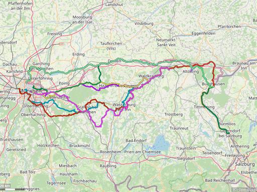 Karte mit Radrouten von München in die Inn-Salzach-Region