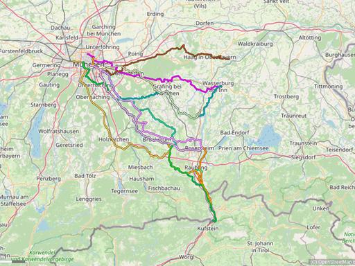 Karte mit Radrouten von München an den Inn: Wasserburg, Gars, Rosenheim, Neubeuern, Oberaudorf und Kiefersfelden