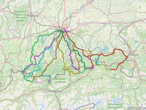 Karte mit Radrouten von München nach Kufstein, Waidring, Ehrwald und weiteren Zielen in Tirol