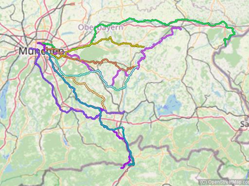 Karte mit Radrouten von München nach Burghausen, Mühldorf, Altötting und weiteren Zielen an Inn und Salzach
