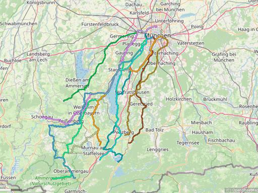 Karte mit Radrouten von München in den Pfaffenwinkel und den Ammergau: Schloss Linderhof, Ettal, Bad Kohlgrub, Riegsee, Benediktbeuern, Kochel oder St. Johannisrain