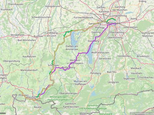 Karte mit Radrouten von München ins Allgäu: Füssen, Hohenschwangau und Nesselwang