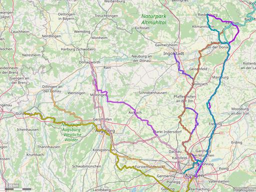Karte mit Radrouten von München an die Donau: Ingolstadt, Weltenburg, Donauwörth, Günzburg, Regensburg