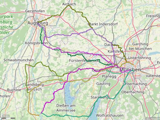 Karte mit Radrouten von München an den Lech: Augsburg, Landsberg, Reichling und Epfach