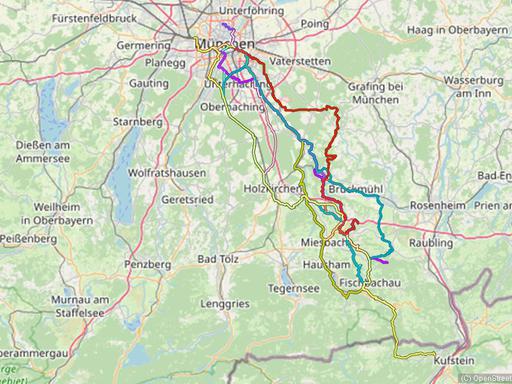 Karte mit Radrouten von München nach Fischbachau, Bayrischzell, auf die Tregleralm, in das Goldene Tal und weiteren Orten im Leitzachtal
