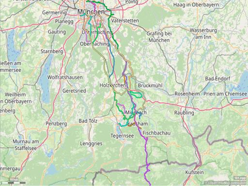 Karte mit Radrouten von München nach Weyarn, Miesbach, Schliersee und weiteren Orten im Miesbacher Oberland