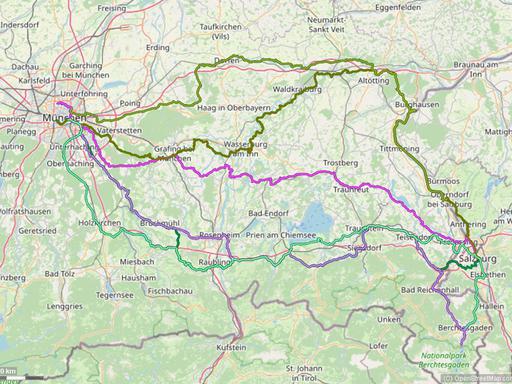 Karte mit Radrouten von München ins Berchtesgadener Land: Königssee, Berchtesgaden, Salzburg, Laufen