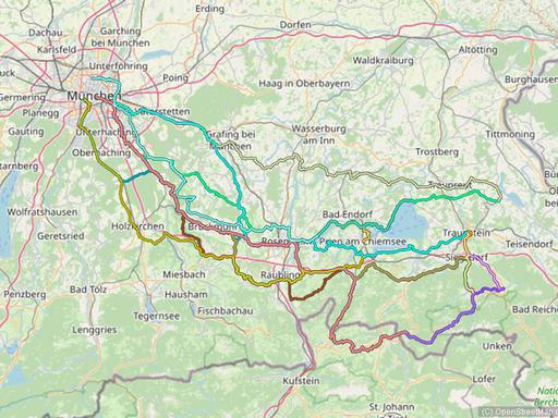Karte mit Radrouten von München in den Chiemgau, an den Chiemsee und an den Waginger See: Inzell, Ruhpolding, Traunstein, Reit im Winkl, Waging am See, Seebruck, Prien, Bernau und viele mehr.