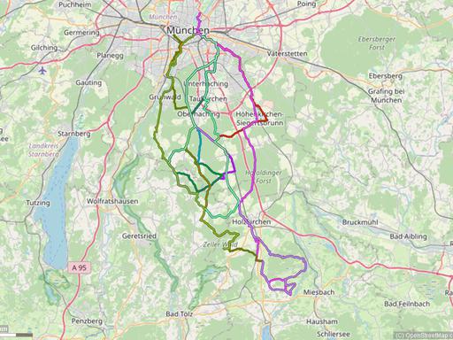 Karte mit Radrouten von München nach Holzkirchen, Warngau, Wall, Sauerlach und Umgebung