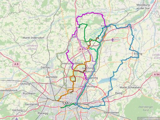 Karte mit Radrouten von München nach Freising, Moosburg, an den Kranzberger See und zu weiteren Zielen im Freisinger Land