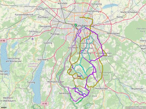 Karte mit Radrouten von München nach Dietramszell, Harmating, Baiernrain, auf den Jasberg und zu weiteren Zielen im Dietramszeller Land