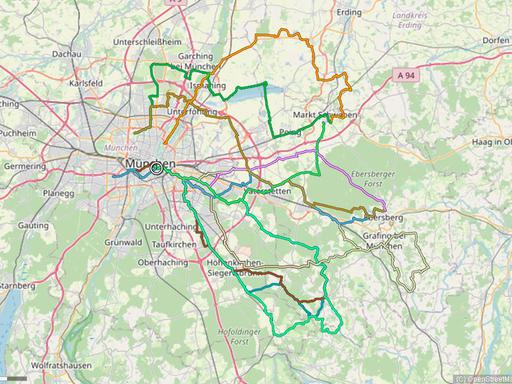 Karte mit Radrouten von München nach Ebersberg, an den Steinsee, nach Ast und viele mehr.