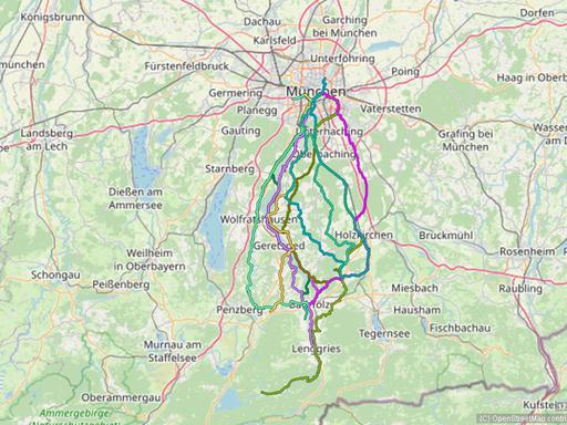 Karte mit Radrouten von München nach Bad Tölz, Lenggries, Bad Heilbrunn, in die Jachenau oder zum Kloster Reutberg mit dem Kirchsee.