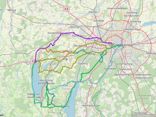 Karte mit Radrouten von München an den Ammersee: Herrsching, Schondorf, Dießen, Eching und viele mehr.