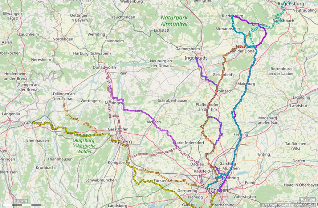 Karte mit Radrouten von München an die Donau: Ingolstadt, Weltenburg, Donauwörth, Günzburg, Regensburg