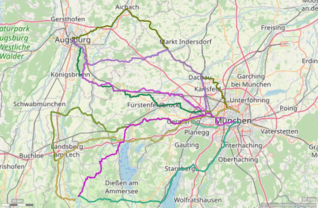 Karte mit Radrouten von München an den Lech: Augsburg, Landsberg, Reichling und Epfach