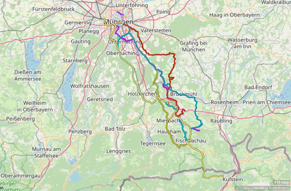 Karte mit Radrouten von München nach Fischbachau, Bayrischzell, auf die Tregleralm, in das Goldene Tal und weiteren Orten im Leitzachtal