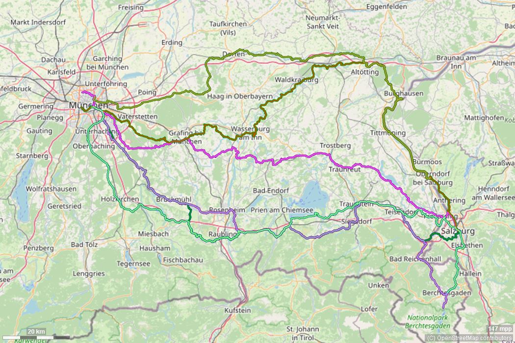Karte mit Radrouten von München ins Berchtesgadener Land: Königssee, Berchtesgaden, Salzburg, Laufen