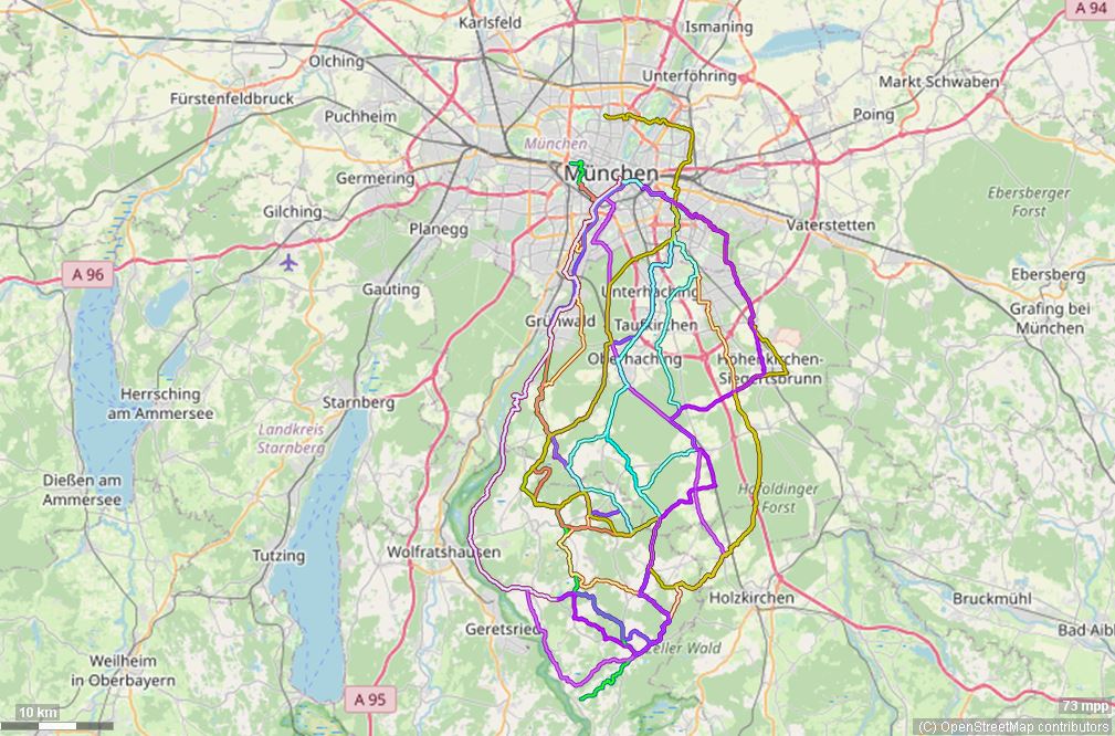 Karte mit Radrouten von München nach Dietramszell, Harmating, Baiernrain, auf den Jasberg und zu weiteren Zielen im Dietramszeller Land