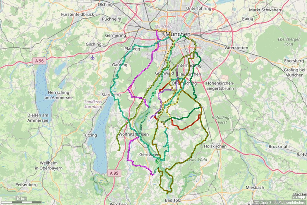 Karte mit Radrouten von München nach Wolfratshausen und Umgebung: Fürst-Tegernberg, Attenham, Ludwigshöhe, Thanninger Weiher und viele mehr