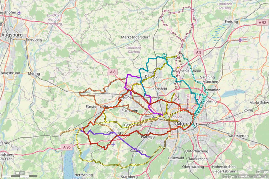 Karte mit Radrouten von München ins Dachauer und Fürstenfeldbrucker Land: Dachau, Petershausen, Mariabrunn, Grafrath, Türkenfeld und viele mehr.