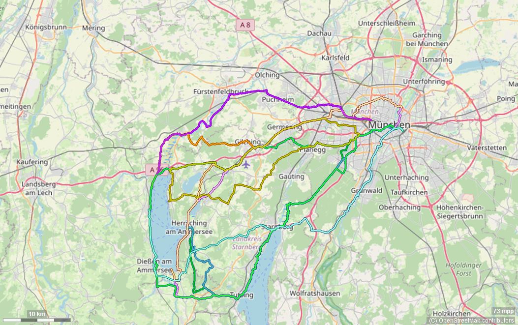 Karte mit Radrouten von München an den Ammersee: Herrsching, Schondorf, Dießen, Eching und viele mehr.